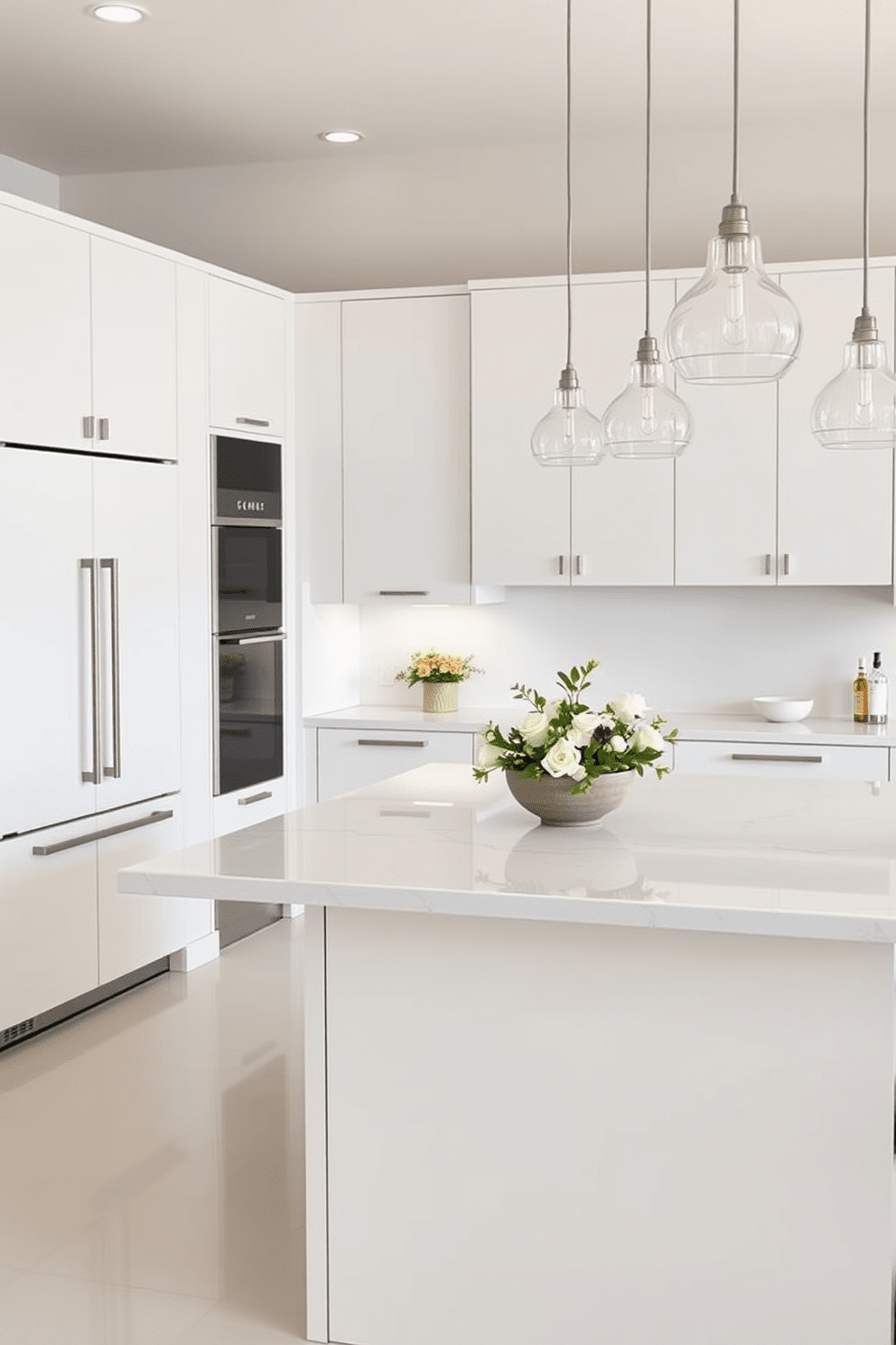 A modern minimalist kitchen featuring cabinetry with sleek finishes and clean lines. The cabinetry is painted in a soft white hue, complemented by brushed nickel handles and an integrated refrigerator for a seamless look. The countertops are made of polished quartz, providing a durable and elegant surface for meal preparation. A large island with bar seating is the centerpiece, adorned with pendant lighting that adds a touch of sophistication.