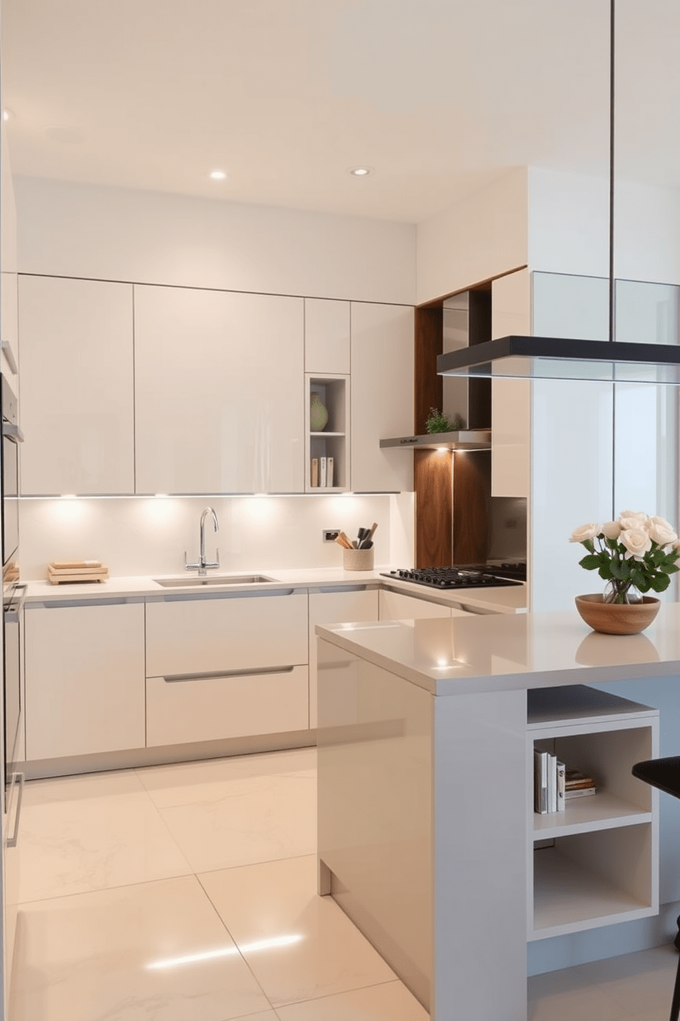 A modern modular kitchen featuring sleek cabinetry with under-cabinet lighting that highlights the countertops. The space includes a central island with bar seating and a mix of open shelving and closed storage for a functional yet stylish layout.