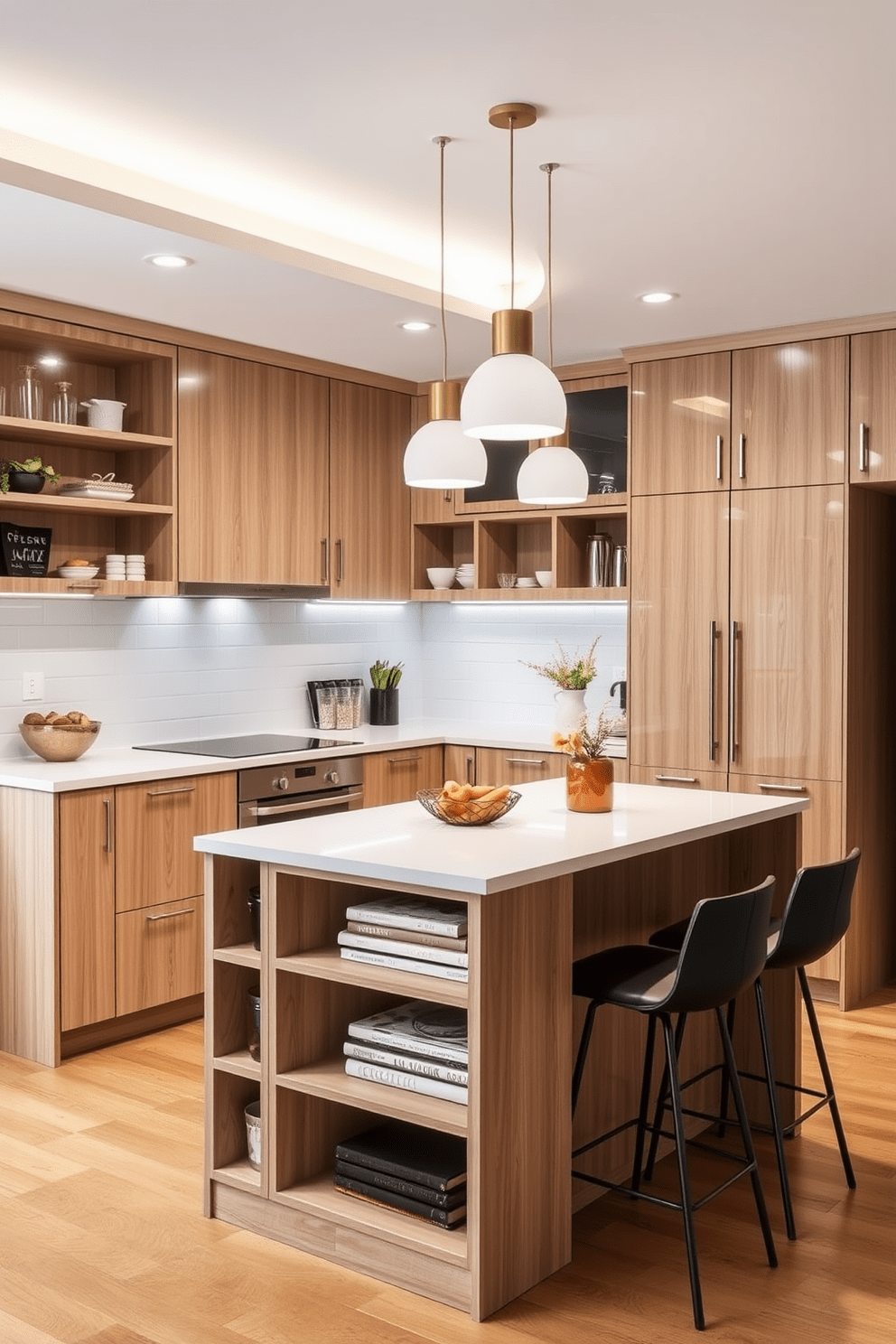 A compact kitchen island with built-in storage features a sleek countertop that complements the cabinetry. The island is surrounded by stylish bar stools, creating a functional and inviting space for cooking and entertaining. The modular kitchen design incorporates a blend of open shelving and closed cabinets for optimal organization. Bright pendant lights hang above the island, enhancing the modern aesthetic and providing ample illumination.