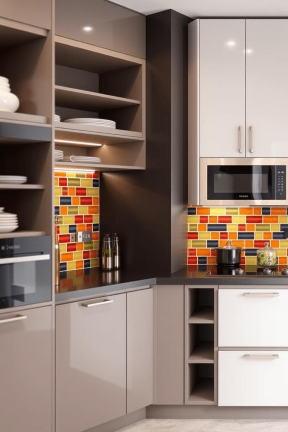 A modular kitchen design featuring colorful backsplash tiles that add a vibrant pop of color. The cabinets are sleek and modern, with a blend of open shelving and closed storage for a functional yet stylish look.