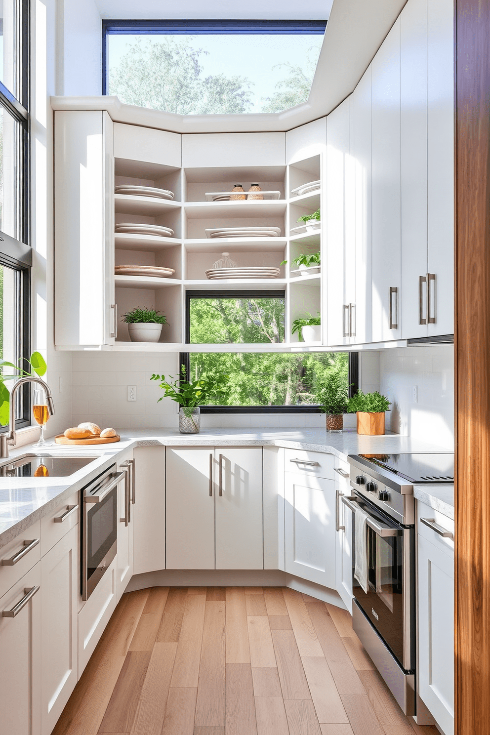 A modern kitchen featuring corner cabinets with rotating shelves to maximize accessibility and storage efficiency. The cabinetry is finished in a sleek matte white with brushed nickel handles, complemented by a spacious quartz countertop and contemporary appliances. The layout includes an island with additional seating, perfect for casual dining and entertaining. Natural light floods the space through large windows, highlighting the warm wood accents and vibrant green plants that add a touch of freshness.