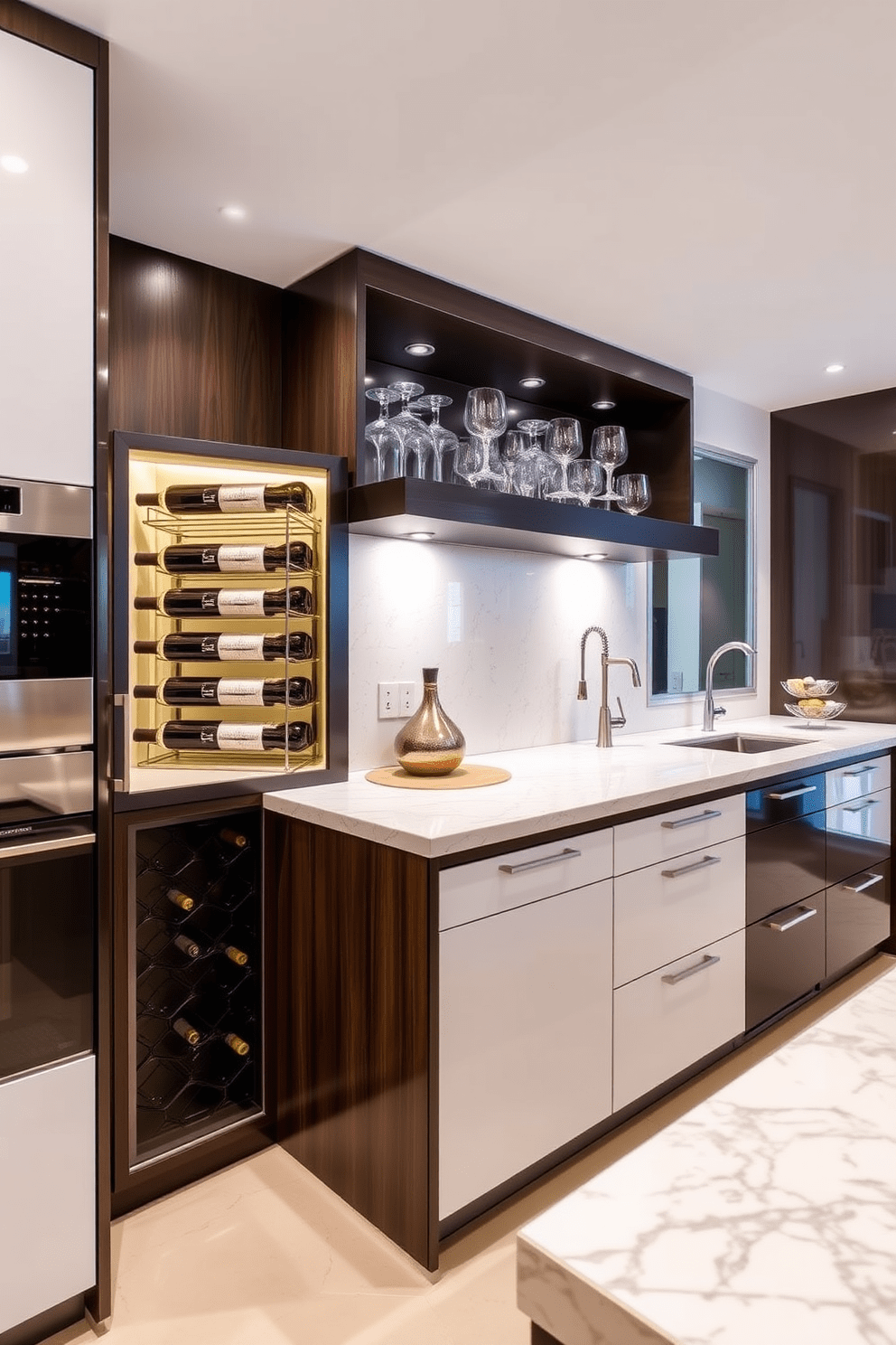 A modern kitchen featuring an integrated wine rack that adds both functionality and style. The cabinetry is sleek with a combination of dark wood and glossy white finishes, creating a contemporary look. The countertop is a striking quartz with subtle veining, providing an elegant surface for meal prep. Open shelving above the wine rack displays curated glassware, while under-cabinet lighting highlights the space beautifully.