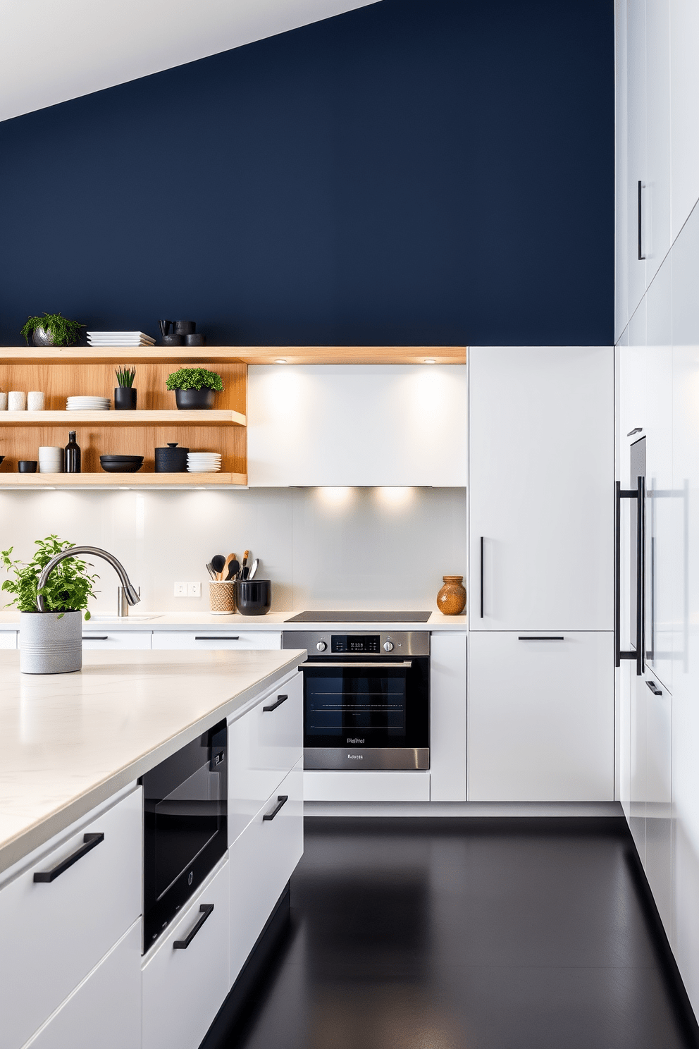 A sleek modular kitchen featuring floating shelves that add a modern touch. The shelves are crafted from light wood and are adorned with stylish kitchenware and potted herbs. The kitchen showcases a spacious island with a quartz countertop and high-end appliances seamlessly integrated into the cabinetry. The color palette includes crisp white cabinets and deep navy accents, creating a contemporary and inviting atmosphere.