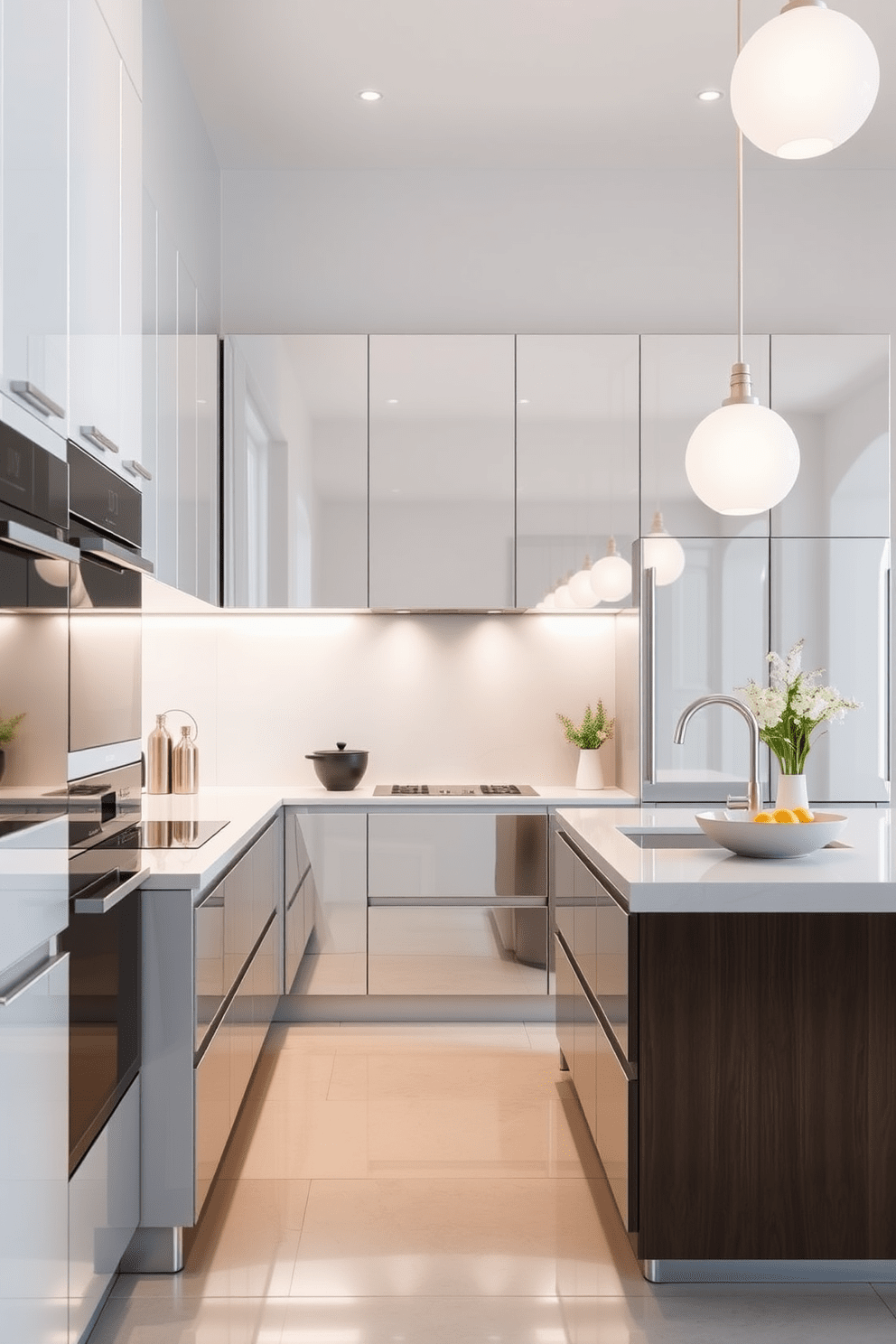 A modern modular kitchen featuring sleek mirrored cabinets that enhance the sense of space. The cabinets reflect light and create a bright, airy atmosphere while providing ample storage for kitchen essentials. The kitchen island is designed with a minimalist aesthetic, incorporating high-quality materials and functional elements. Bright pendant lights hang above the island, adding a stylish touch to the overall design while ensuring adequate illumination for cooking and entertaining.