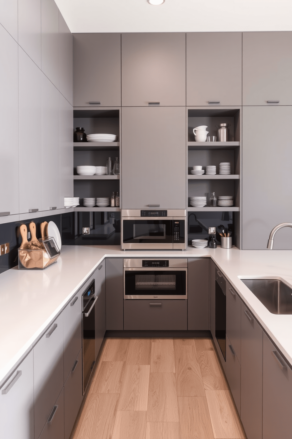 A modern modular kitchen featuring open shelving for easy access and display of kitchenware. The cabinetry is a sleek matte finish with integrated appliances, and the countertops are made of durable quartz in a light hue.