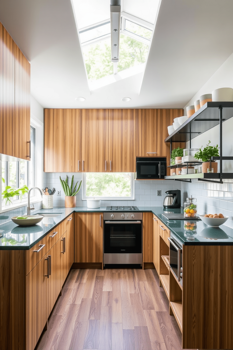 A sustainable kitchen featuring eco-friendly materials such as bamboo cabinetry and recycled glass countertops. The space includes energy-efficient appliances and a composting station, with natural light flooding in through large windows. A modular kitchen design that emphasizes flexibility and functionality. The layout includes movable islands and adjustable shelving to accommodate various cooking and entertaining needs.