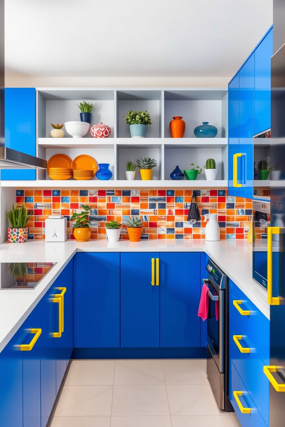 A modular kitchen with bold accent colors creates a vibrant and energetic atmosphere. The cabinetry features a striking cobalt blue with bright yellow handles, complemented by a sleek white countertop and modern stainless steel appliances. Open shelving displays colorful dishware and decorative plants, adding personality to the space. The backsplash is a mosaic of bright red and orange tiles, enhancing the kitchen's lively aesthetic.