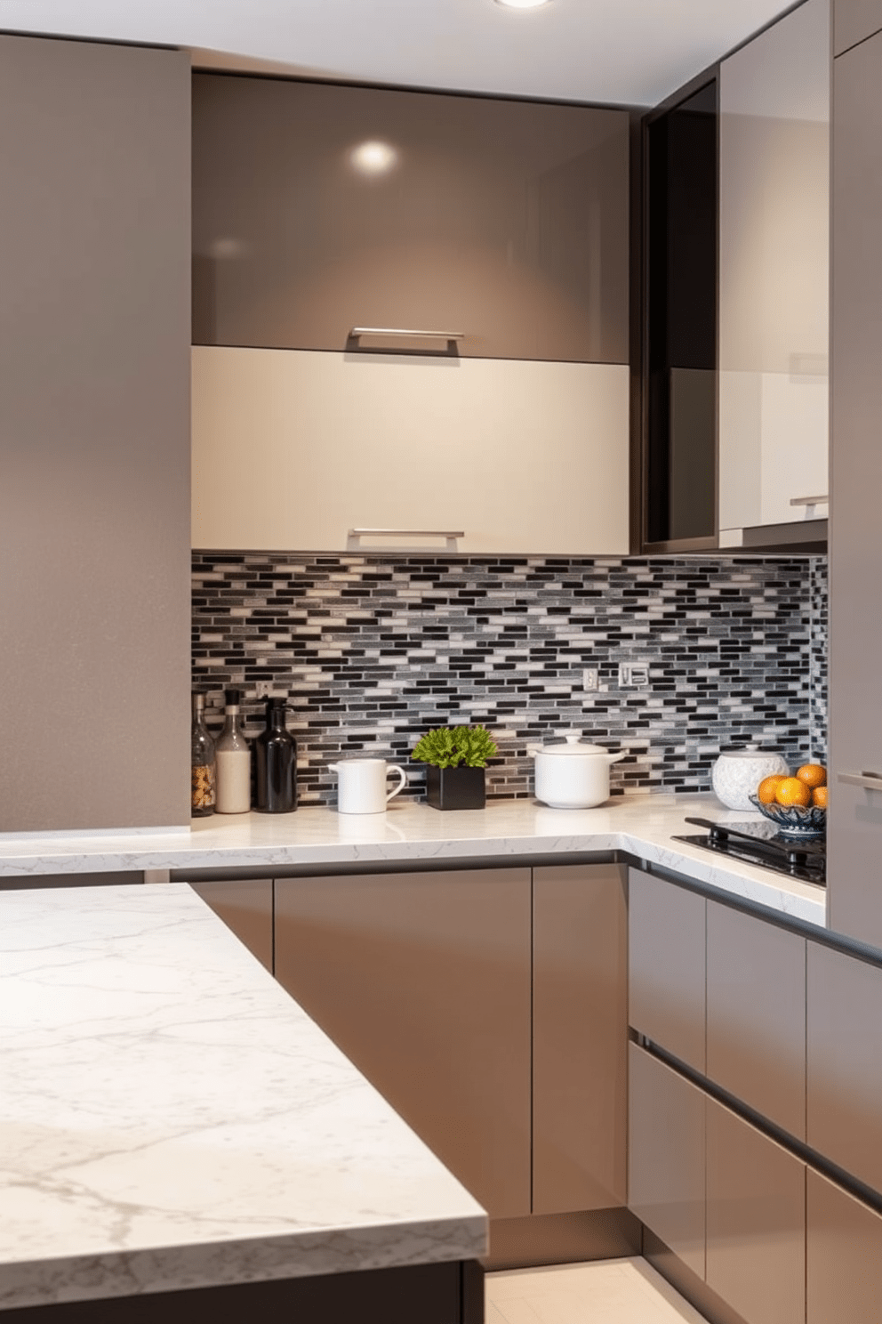 A modular kitchen design featuring textured surfaces for added depth and interest. The cabinetry showcases a mix of matte and glossy finishes complemented by a striking backsplash of patterned tiles.