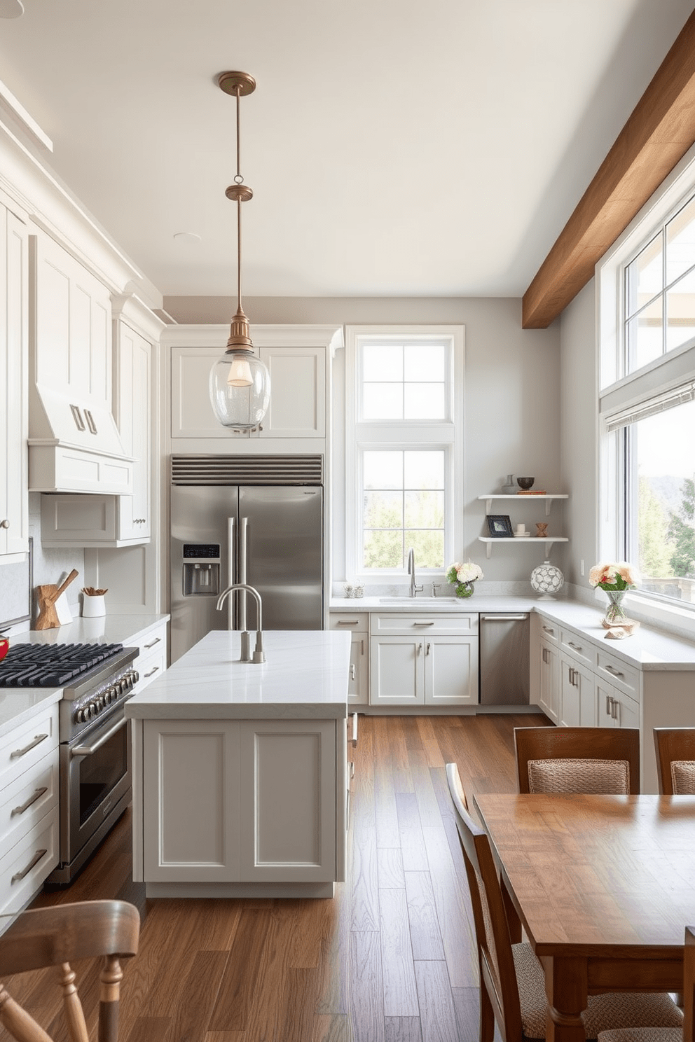 A chef-style kitchen layout designed for culinary enthusiasts features a large central island with a sleek countertop for food preparation. Surrounding the island are high-end appliances including a professional-grade stove, double ovens, and a spacious refrigerator, all integrated seamlessly into custom cabinetry. The kitchen boasts an open concept with ample natural light streaming through large windows. Stylish pendant lights hang above the island, while a cozy breakfast nook with a wooden table and comfortable seating is situated nearby for casual dining.