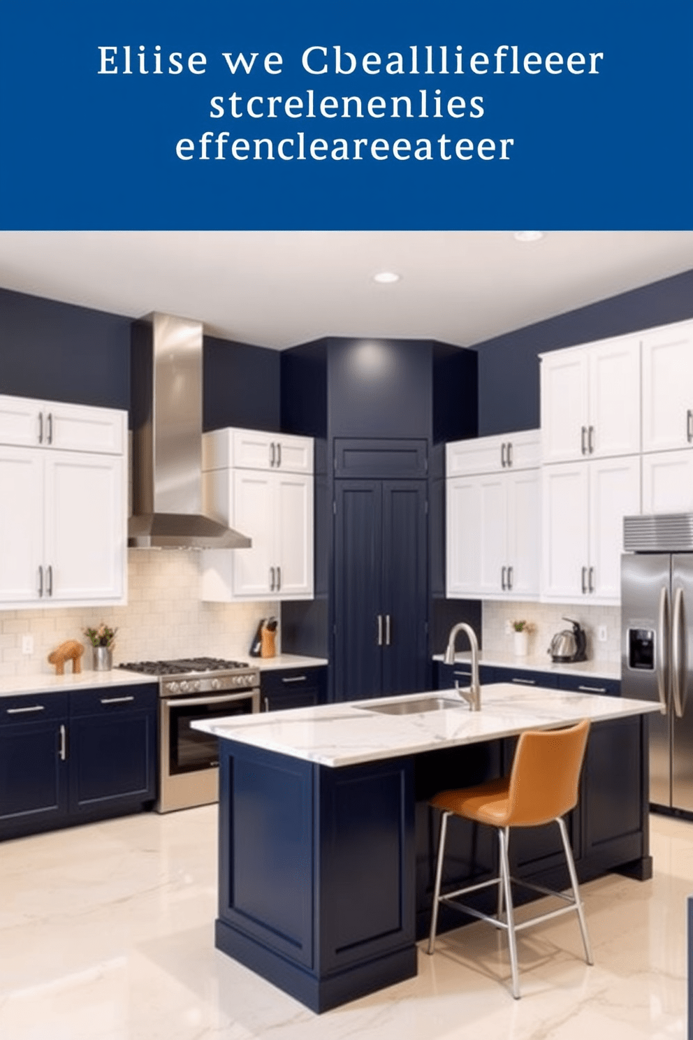 A modern kitchen featuring two-tone cabinets that create a stylish contrast. The upper cabinets are a soft white while the lower cabinets are a deep navy blue, providing a striking visual appeal. The kitchen island is topped with a sleek quartz countertop and includes bar seating for casual dining. Stainless steel appliances complement the overall design, adding a touch of contemporary elegance.