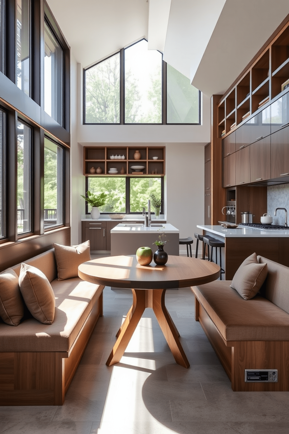 A cozy integrated breakfast nook features a round wooden table surrounded by upholstered benches with soft cushions. Large windows allow natural light to flood the space, creating a warm and inviting atmosphere. The modular kitchen design showcases sleek cabinets with a mix of open shelving and closed storage. A central island with bar stools provides additional seating and serves as a functional cooking area.