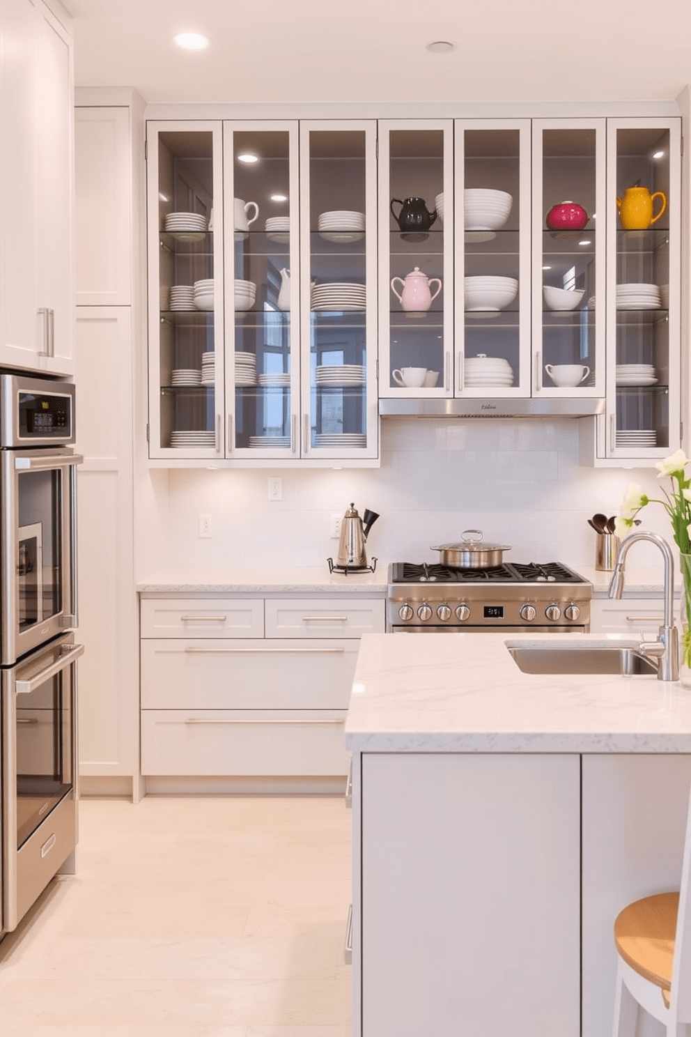 A modern modular kitchen featuring glass-front cabinets that elegantly display an array of colorful dishware. The cabinets are complemented by sleek stainless steel appliances and a spacious island with bar seating.