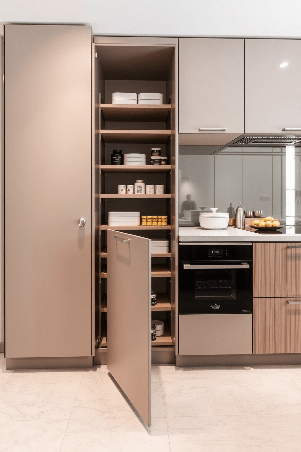 A sleek pull-out pantry designed for maximizing space efficiency. It features adjustable shelves and a smooth sliding mechanism for easy access to stored items. The modular kitchen design incorporates multifunctional elements, allowing for seamless integration of appliances and storage solutions. Clean lines and a contemporary color palette create an inviting and organized cooking area.