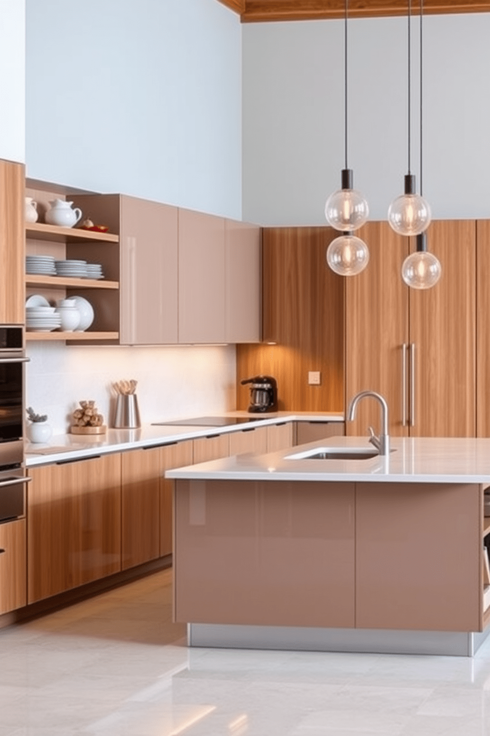 L-shaped kitchen layout featuring sleek cabinetry in a high-gloss finish. The countertops are made of durable quartz with an undermount sink, and a spacious island provides additional prep space and seating. Open shelving displays stylish dishware, while pendant lights hang above the island for added illumination. A combination of warm wood tones and stainless steel appliances creates a modern yet inviting atmosphere.