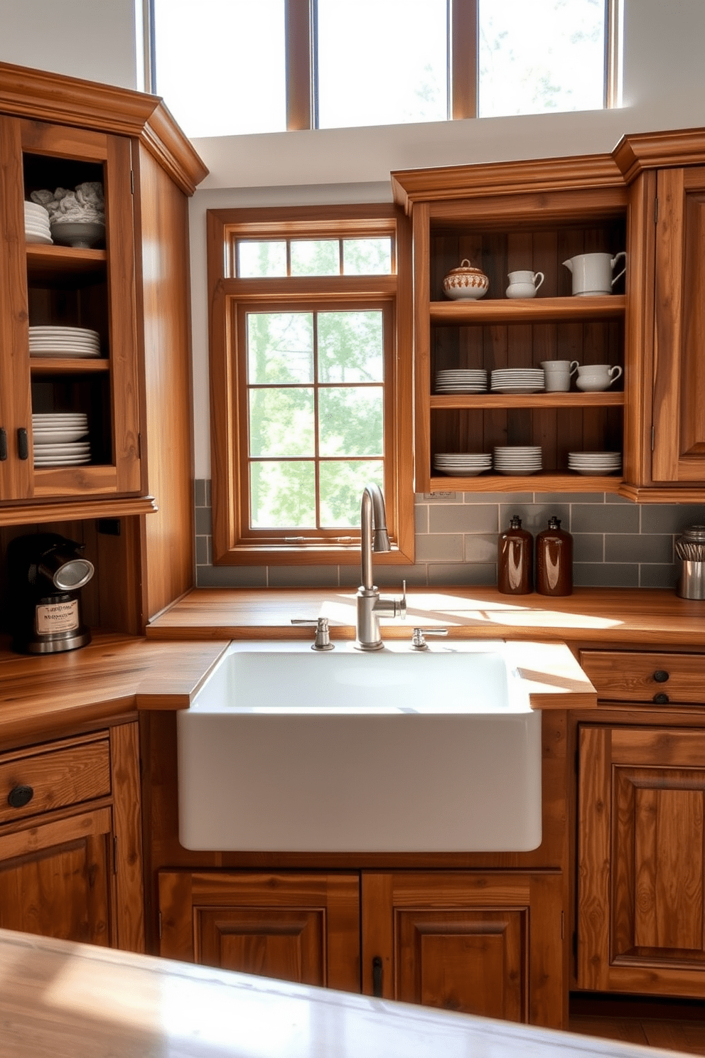 A farmhouse sink with rustic charm is the centerpiece of this modular kitchen design. The cabinetry features distressed wood finishes, complemented by open shelving displaying vintage dishware. Natural light floods the space through large windows, highlighting the farmhouse sink's deep basin and brushed nickel faucet. The countertops are made of reclaimed wood, adding warmth and character to the modern modular layout.