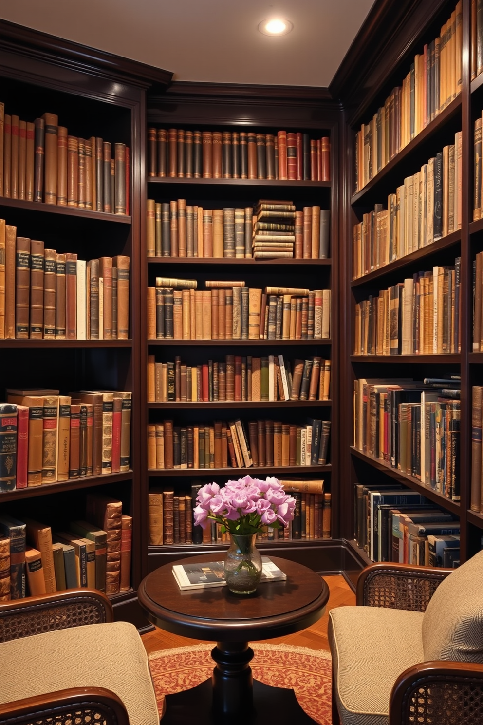 A cozy home library featuring dark wood shelves filled with vintage books. Soft lighting illuminates the space, creating a warm and inviting atmosphere.