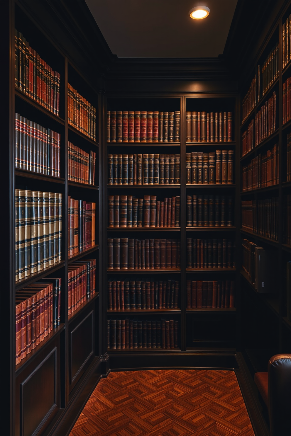 A moody home library featuring dark wood shelves filled with leather-bound books arranged for elegant display. Soft, ambient lighting casts a warm glow, enhancing the rich textures of the space.