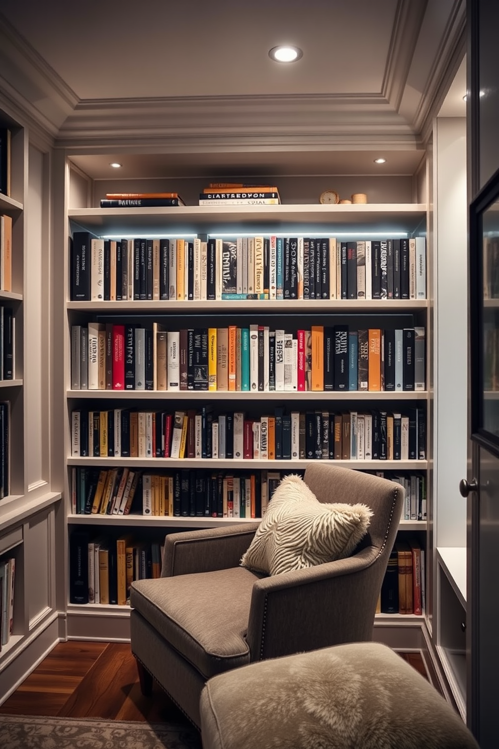 A cozy home library featuring built-in shelves that seamlessly integrate hidden lighting for an inviting atmosphere. The shelves are filled with an array of books, and a plush reading chair is positioned nearby, creating a perfect nook for relaxation.