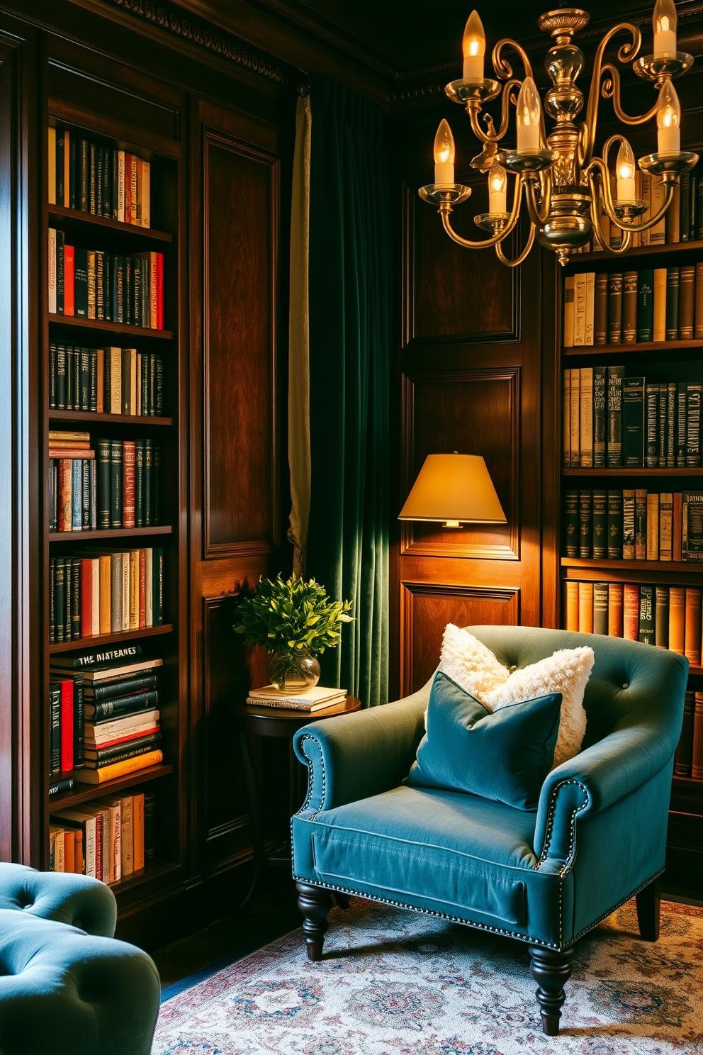 Chic reading nook with soft pillows. A cozy armchair is positioned next to a tall bookshelf filled with an array of books, and a small side table holds a steaming cup of tea. Moody home library design ideas. Rich, dark wood paneling lines the walls, complemented by plush velvet curtains and a vintage chandelier that casts a warm glow over the space.