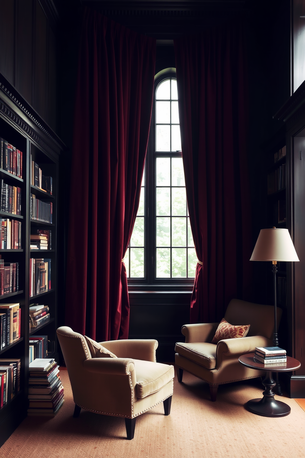 A moody home library featuring rich velvet curtains that frame tall windows, creating a dramatic ambiance. The walls are lined with dark wood bookshelves filled with an array of books, while a plush armchair sits invitingly in the corner, perfect for reading.