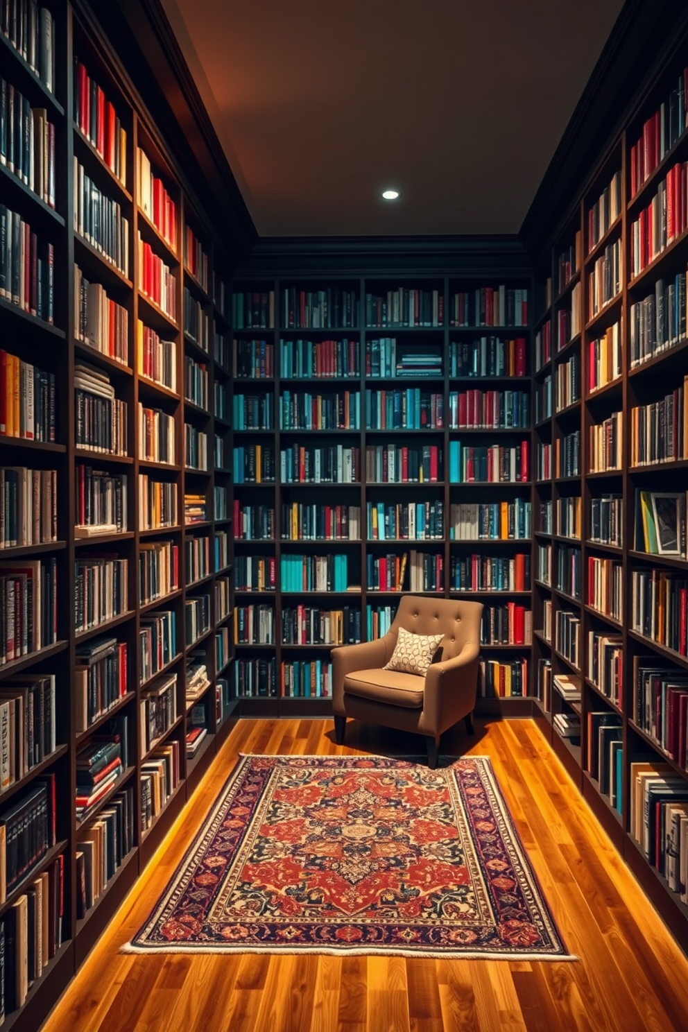 A cozy home library featuring shelves filled with books organized by color creating a visually stunning gradient effect. Soft lighting illuminates the space, highlighting the rich textures of the wooden shelves and the plush seating area. The walls are adorned with dark, moody paint, enhancing the intimate atmosphere of the library. A vintage rug adds warmth to the hardwood floor, while a small reading nook with a comfortable chair invites relaxation and enjoyment of the curated collection.