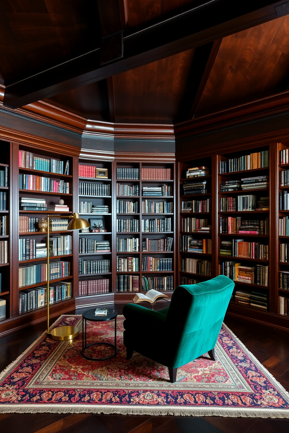 A moody home library with dark stained wood ceiling beams creates an inviting atmosphere. The walls are lined with rich mahogany bookshelves filled with an eclectic collection of books and decorative items. A plush velvet armchair in deep emerald green sits in the corner, paired with a sleek brass floor lamp for reading. A large area rug with intricate patterns anchors the seating area, adding warmth to the dark wood floors.