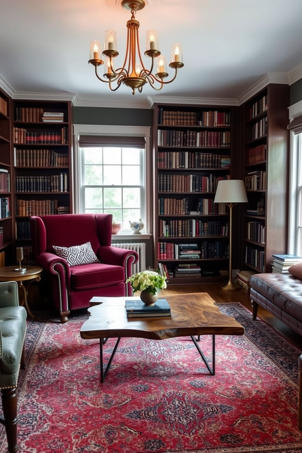 A cozy home library blending modern and vintage decor. The room features a large, plush armchair in deep burgundy, paired with a sleek, minimalist coffee table made of reclaimed wood. Bookshelves line the walls, showcasing a mix of classic leather-bound volumes and contemporary art books. A vintage chandelier hangs from the ceiling, casting a warm glow over the space, while a rich, patterned area rug anchors the seating area.