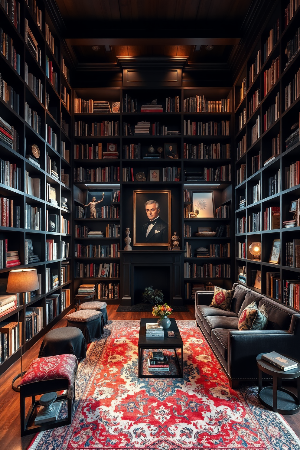 A striking home library features floor-to-ceiling bookshelves that create a dramatic focal point. The shelves are filled with an array of books, art pieces, and decorative objects, showcasing a blend of personal style and sophistication. The library is illuminated by warm, ambient lighting that enhances the moody atmosphere. A plush, deep-colored sofa invites relaxation, while a vintage rug adds texture and warmth to the space.