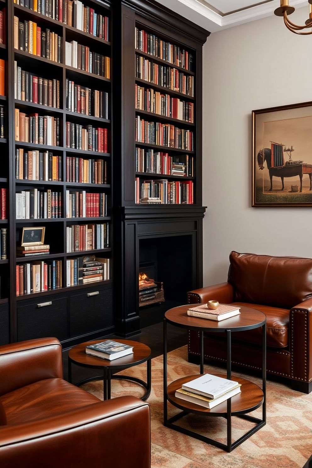 Elegant side tables for functionality. The tables feature a sleek design with a combination of wood and metal finishes, providing both style and practicality. Moody Home Library Design Ideas. The space is adorned with dark wood bookshelves filled with an extensive collection of books, complemented by rich leather seating and warm lighting to create an inviting atmosphere.