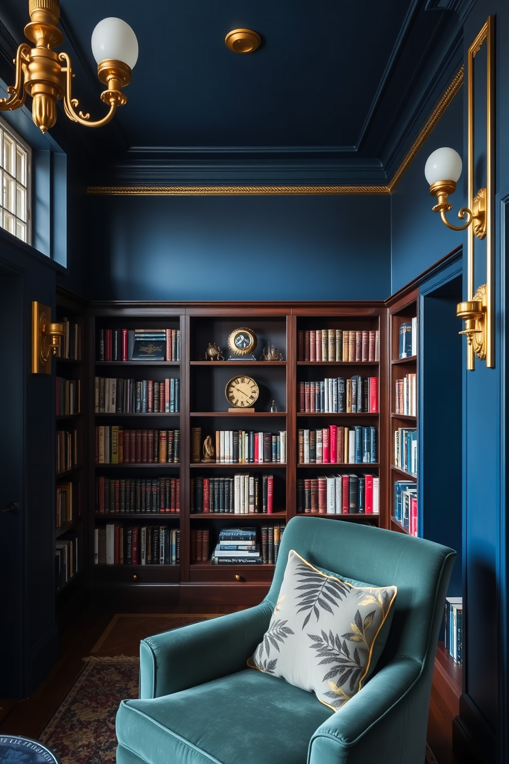 A moody home library with deep blue walls that create an intimate atmosphere. Gold accents adorn the shelves and light fixtures, adding a touch of elegance to the space. Rich wooden bookshelves line the walls, filled with an array of books and decorative items. A plush velvet armchair in a complementary color invites readers to relax and enjoy the surroundings.