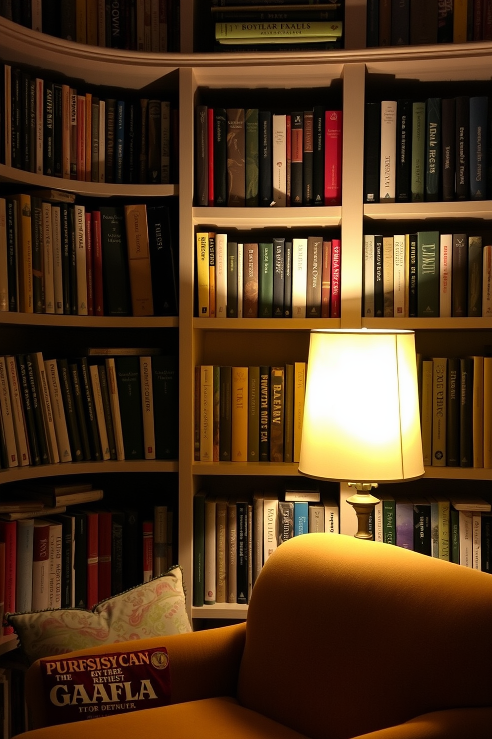 A cozy home library featuring a reading lamp with adjustable brightness. The shelves are lined with an extensive collection of books, and a plush armchair sits invitingly next to the lamp, casting a warm glow over the reading nook.