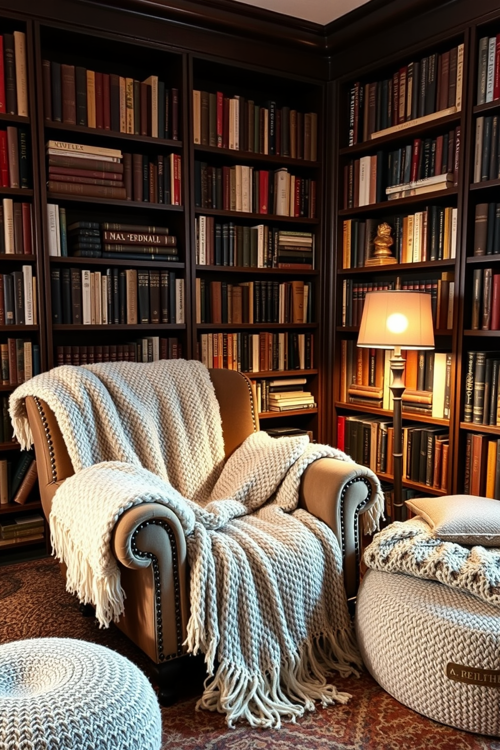 A cozy home library filled with soft throws and blankets for comfort. The walls are lined with dark wood bookshelves, showcasing an extensive collection of books and decorative items. A plush armchair sits in the corner, draped with a chunky knit blanket, inviting relaxation. Warm lighting from a vintage floor lamp creates a moody atmosphere, enhancing the rich colors of the room.