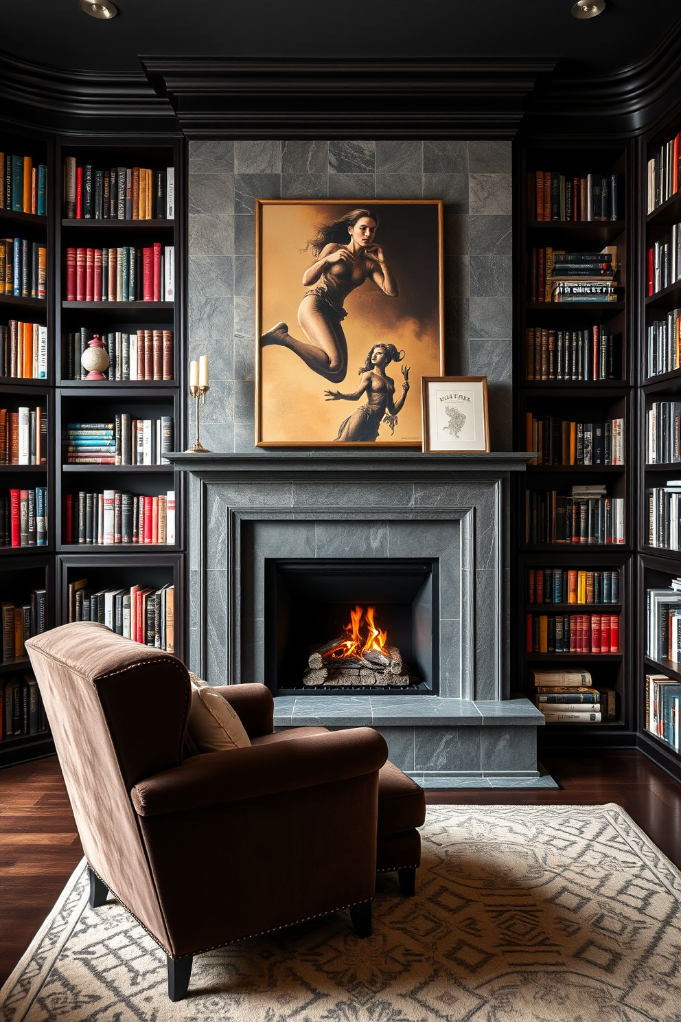 A moody home library featuring a large fireplace as the cozy focal point. The walls are lined with dark wooden bookshelves filled with an array of books, while a plush armchair sits invitingly in front of the fire.