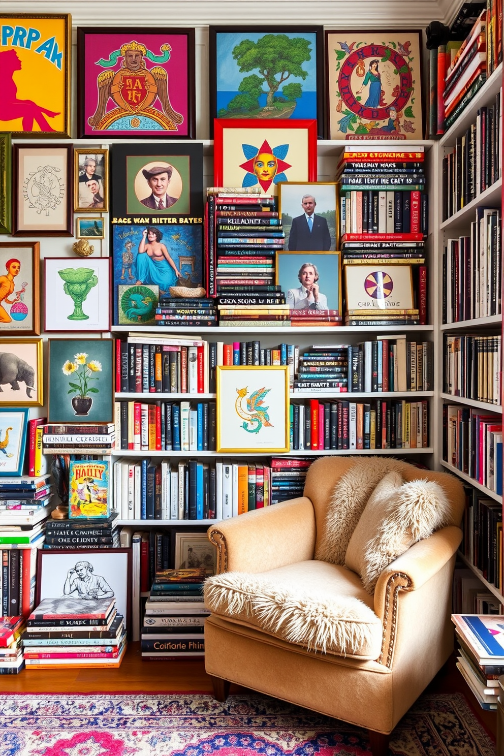 An eclectic home library featuring a vibrant mix of art pieces and bookshelves filled with a diverse collection of literature. The walls are adorned with colorful artwork, while a comfortable reading nook with a plush armchair invites relaxation amidst the creative chaos.