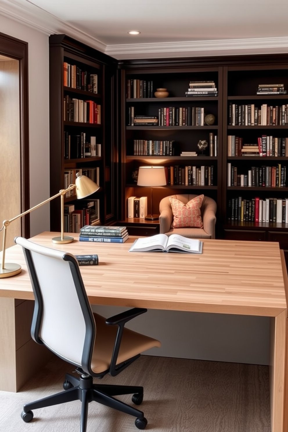 A stylish desk for work and reading features a sleek wooden surface paired with a comfortable ergonomic chair. The desk is adorned with a modern lamp and a few curated books, creating an inviting workspace. Moody home library design ideas include dark wood bookshelves filled with an eclectic collection of books and decorative items. Soft, ambient lighting and a plush reading nook with a cozy armchair invite relaxation and exploration.