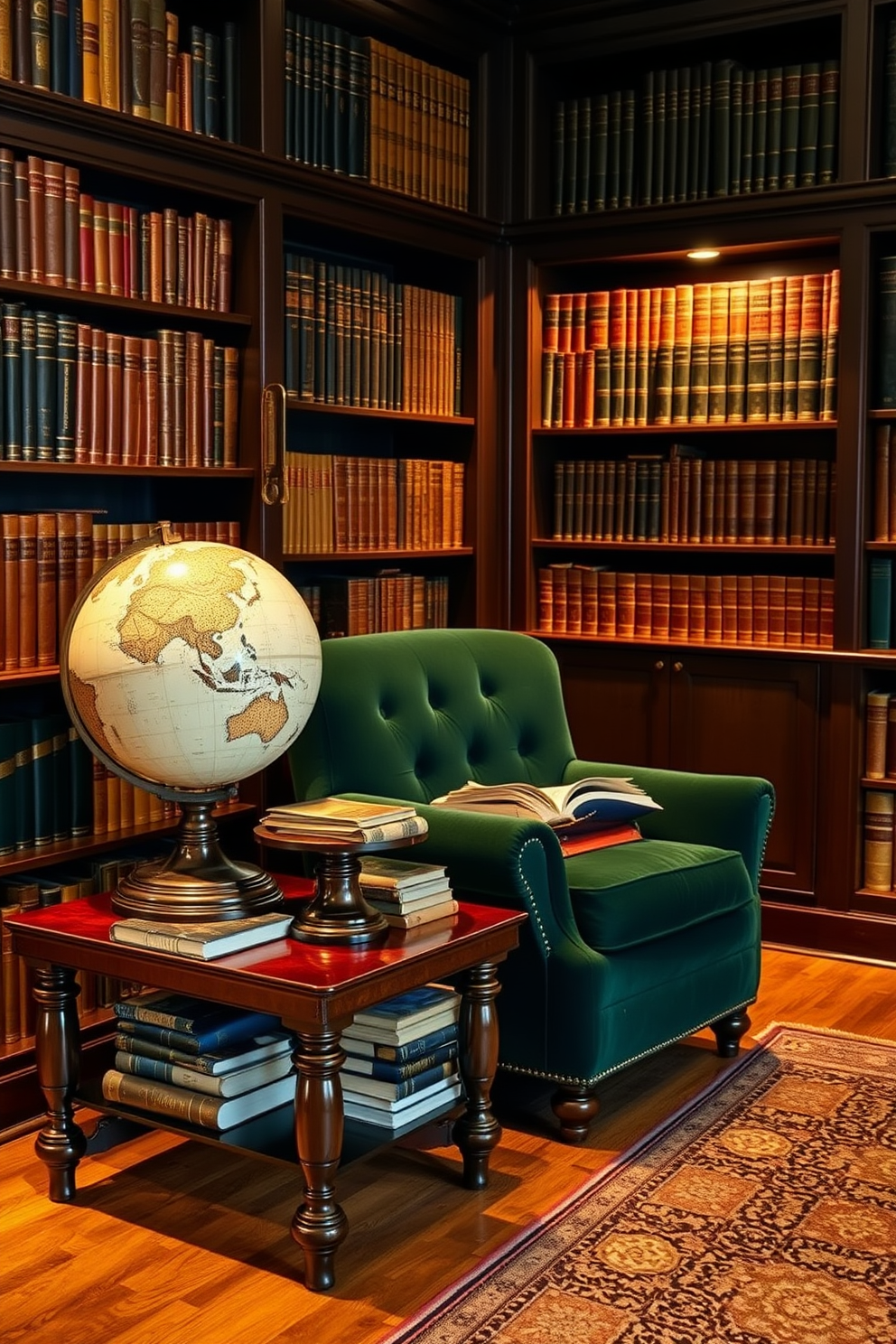 A large globe sits elegantly on a polished mahogany side table, surrounded by a collection of vintage leather-bound books. The walls are lined with dark wood bookshelves, and a plush, deep green velvet armchair invites you to settle in and read. Soft, ambient lighting casts a warm glow throughout the space, highlighting the rich textures of the room. A patterned area rug adds a touch of sophistication to the hardwood floor, creating an inviting atmosphere for relaxation and contemplation.