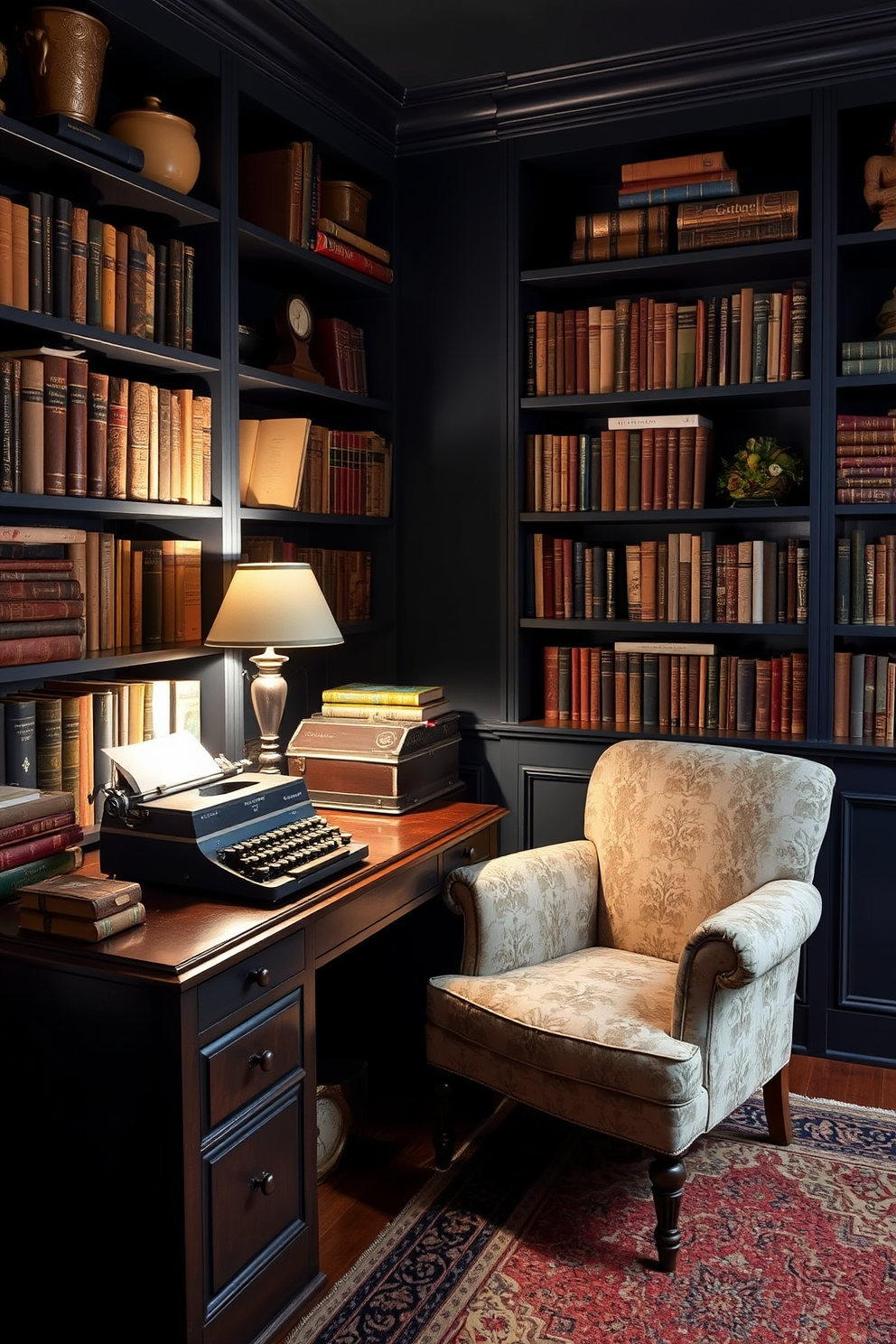 A vintage typewriter sits prominently on a dark wooden desk, surrounded by shelves filled with antique books and decorative items. The walls are painted in a deep navy blue, creating a cozy and inviting atmosphere perfect for reading and writing. Soft lighting from a vintage lamp casts a warm glow over the space, highlighting the rich textures of a plush armchair upholstered in a muted floral fabric. A patterned area rug anchors the room, adding warmth and character to the moody home library design.