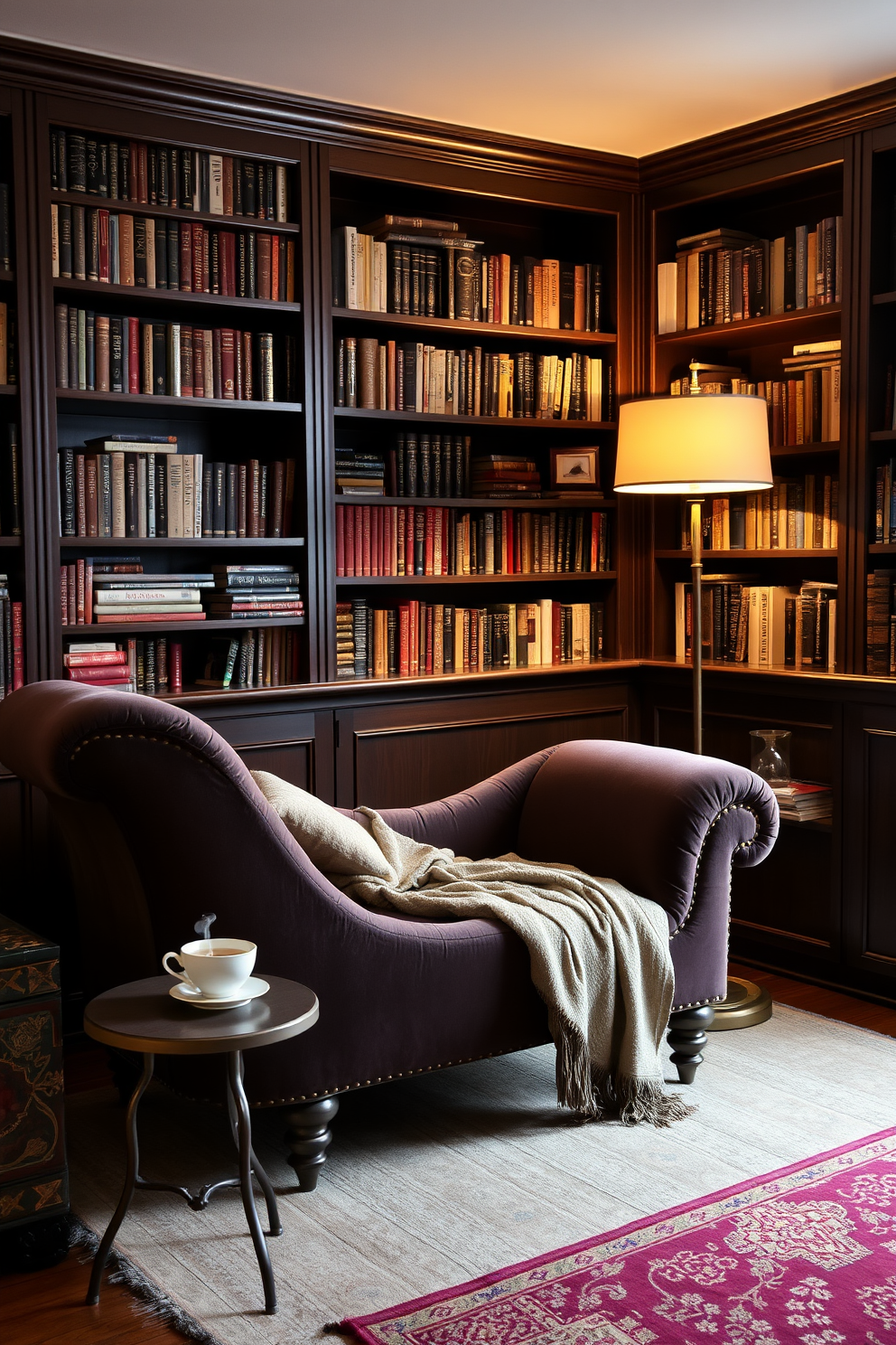 A comfortable chaise lounge upholstered in soft velvet sits in a cozy corner of the room. The lounge is paired with a plush throw blanket and a small side table holding a steaming cup of tea. The walls are lined with dark wooden bookshelves filled with an array of books and decorative items. A warm, ambient light from a vintage floor lamp creates an inviting atmosphere perfect for reading.