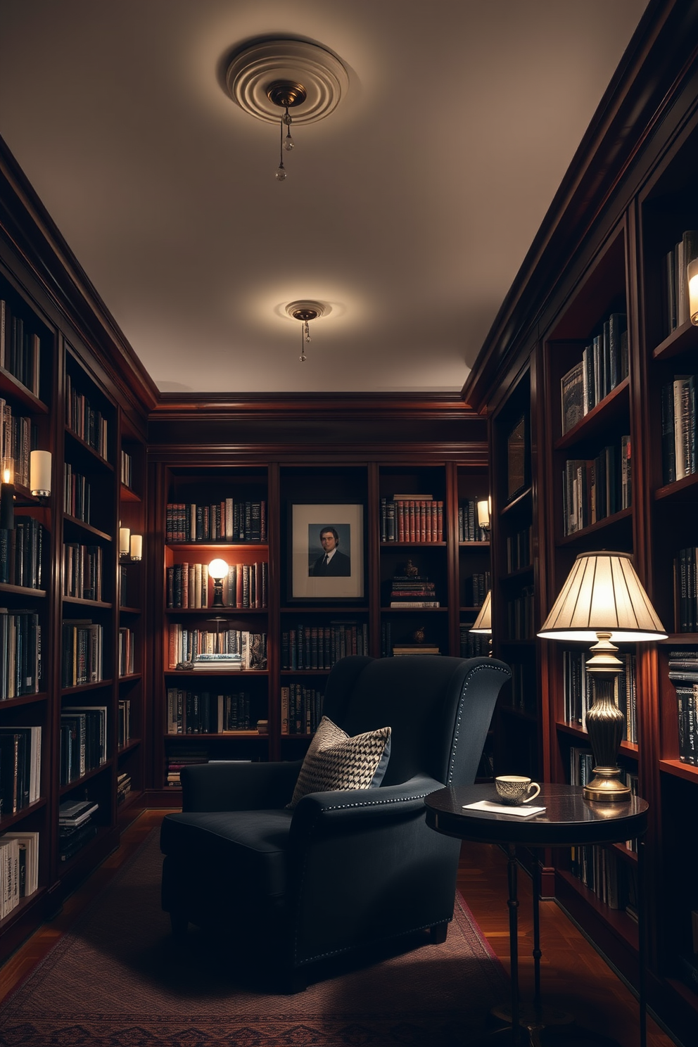 Layered lighting creates a warm and inviting atmosphere in a moody home library. Soft overhead lights are complemented by adjustable wall sconces and elegant table lamps, casting a gentle glow throughout the space. Rich wooden bookshelves line the walls, filled with an eclectic collection of books and decorative objects. A plush, deep-colored armchair sits in the corner, accompanied by a small side table perfect for a cup of tea or a glass of wine.