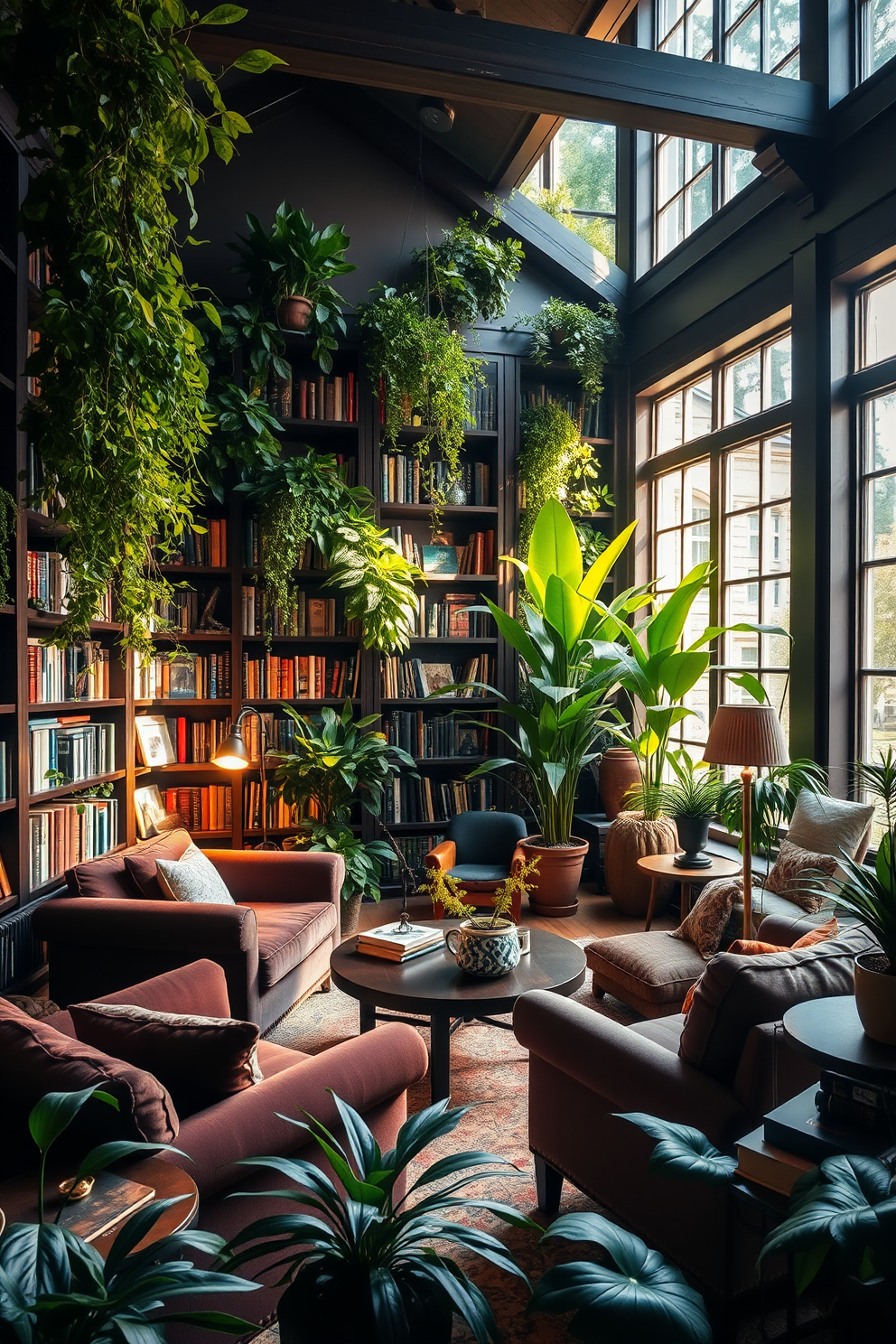 A cozy home library filled with rich green plants that create a natural contrast against the dark wood shelves. Plush seating is arranged invitingly around a coffee table, surrounded by an array of books and decorative items. Soft lighting casts a warm glow throughout the space, enhancing the deep colors of the furniture and decor. A large window allows natural light to filter in, highlighting the vibrant greenery and creating a serene reading atmosphere.