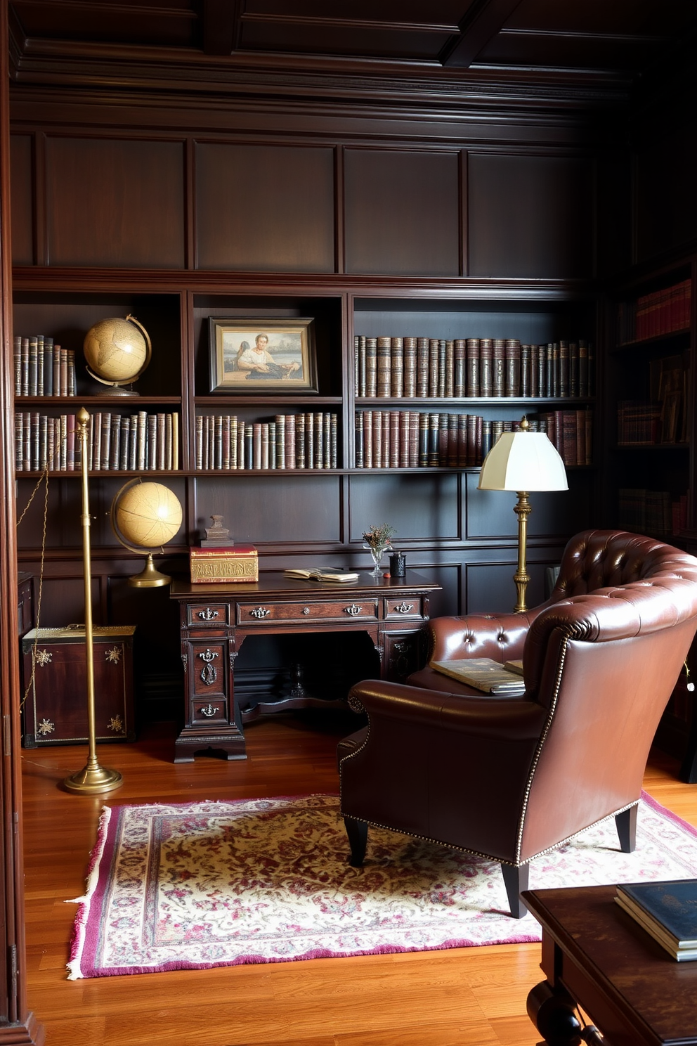 Antique furniture fills the room, including a richly carved mahogany desk and a pair of tufted leather armchairs. A vintage globe and a collection of leather-bound books adorn the shelves, creating an inviting atmosphere. The walls are lined with dark wood paneling, and a plush area rug adds warmth to the hardwood floor. Soft lighting from a brass floor lamp casts a gentle glow, enhancing the cozy, timeless feel of the space.