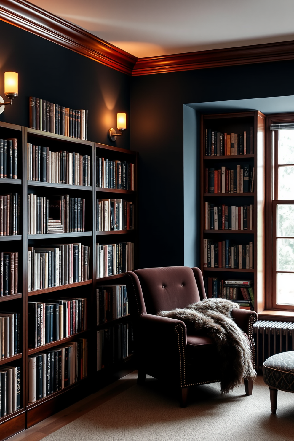 A cozy home library with warm mood lighting. Stylish sconces are mounted on the walls, casting a soft glow over the rich wooden bookshelves filled with an array of books. A plush reading chair is positioned near a large window, draped with a luxurious throw. The walls are painted in a deep navy blue, creating an inviting atmosphere perfect for relaxation and reading.