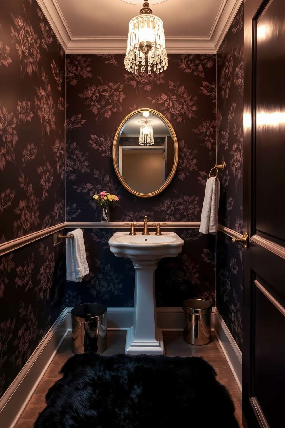 A moody powder room features dark floral wallpaper that envelops the space in rich, dramatic tones. The room is accented with a vintage-style pedestal sink and antique brass fixtures that enhance the overall elegance. Soft lighting from a stylish chandelier casts a warm glow, creating an inviting atmosphere. A plush, deep-colored rug lies underfoot, adding comfort and texture to the design.