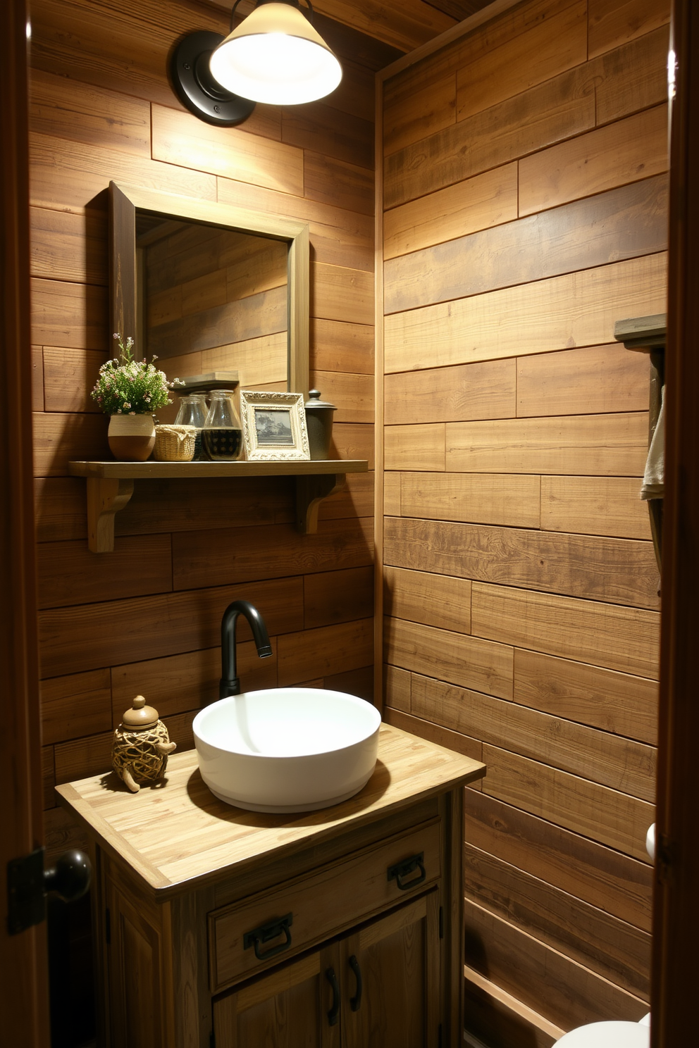 A cozy powder room filled with rustic wood elements that exude warmth and charm. The walls are adorned with reclaimed wood paneling, and a vintage wooden vanity with a distressed finish holds a round vessel sink. Soft, ambient lighting casts a warm glow, highlighting the natural textures of the space. A small wooden shelf displays decorative items, while a woven basket adds a touch of functionality and style.