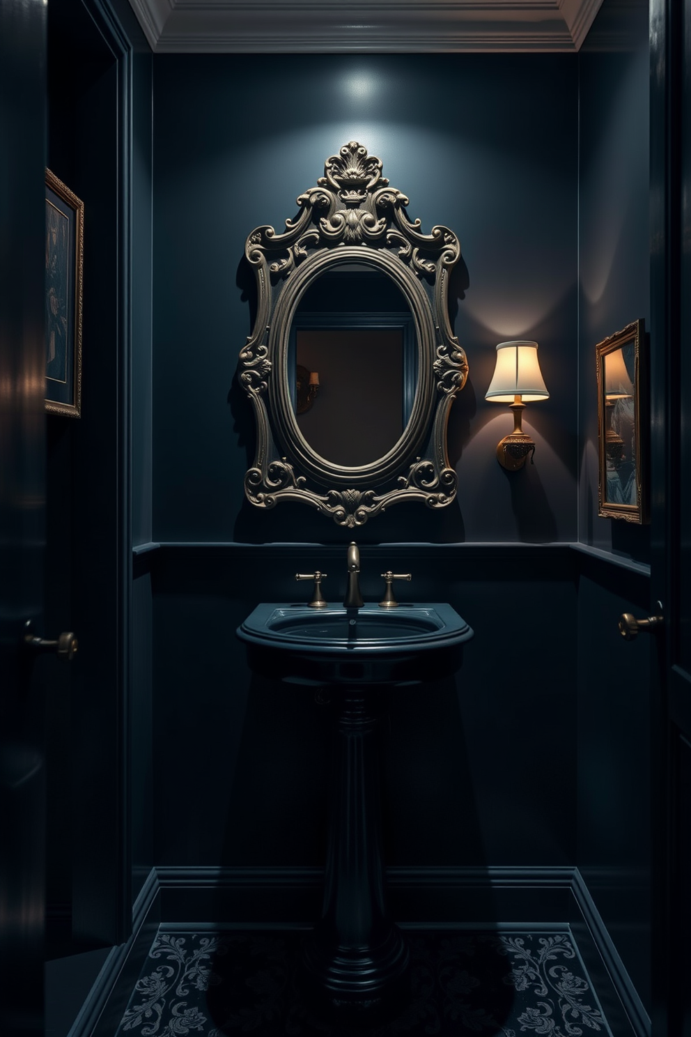 An elegant pedestal sink in a dark hue stands as the focal point of the moody powder room. The walls are adorned with deep, rich colors, creating an intimate and sophisticated atmosphere. Soft ambient lighting highlights the sink's curves and the intricate details of the surrounding decor. A vintage mirror with an ornate frame hangs above, reflecting the luxurious elements of the space.