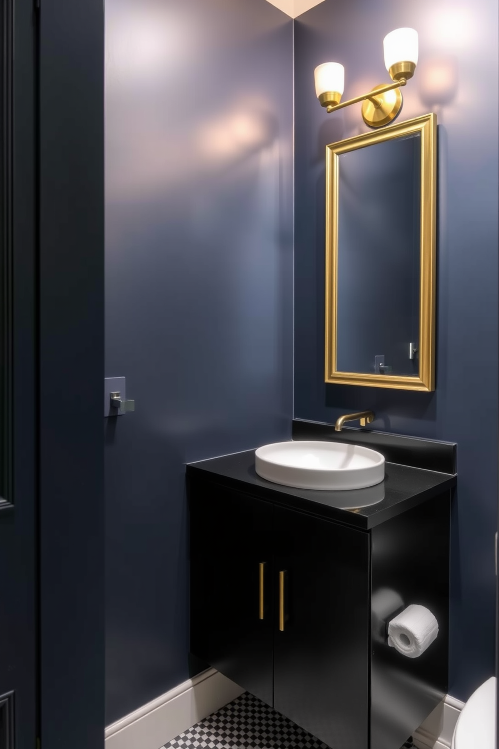 A sleek black countertop with an under-mount sink creates a modern focal point in the moody powder room. The walls are painted in a deep navy blue, complemented by brushed gold fixtures and a stylish wall-mounted mirror.