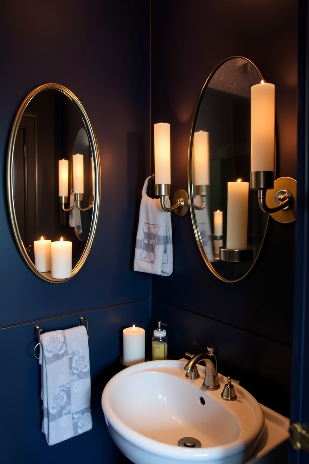 Mood enhancing candles in stylish holders create an inviting atmosphere in a moody powder room. The walls are painted in deep navy blue, with soft ambient lighting highlighting elegant fixtures and rich textures.