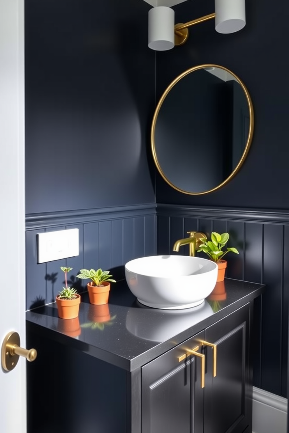 A moody powder room with deep navy walls and soft ambient lighting creates an inviting atmosphere. Small potted plants are strategically placed on the countertop and shelves, adding a vibrant pop of green against the dark backdrop. The vanity features a sleek black finish with a white vessel sink, complemented by brushed gold fixtures. A round mirror with a thin gold frame hangs above the sink, enhancing the room's elegant aesthetic.