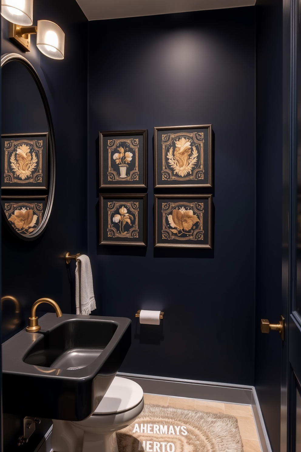 Decorative wall art in dark frames adds a touch of elegance to the moody powder room. The walls are painted in a deep navy blue, creating a dramatic backdrop for the artwork. Soft ambient lighting highlights the intricate details of the art pieces, enhancing the overall atmosphere. A sleek black vanity with a gold faucet complements the rich color scheme, while a plush rug adds warmth underfoot.