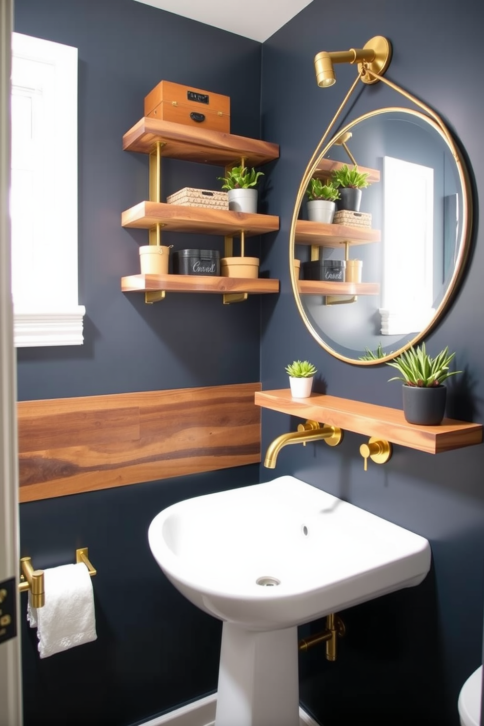 A stylish powder room features wall-mounted storage solutions that blend functionality with aesthetic appeal. Shelves made of reclaimed wood are adorned with decorative boxes and potted plants, creating a warm and inviting atmosphere. The walls are painted in a deep navy blue, complemented by brass fixtures and a sleek white sink. A round mirror with a thin gold frame hangs above the sink, reflecting the rich colors and textures of the room.